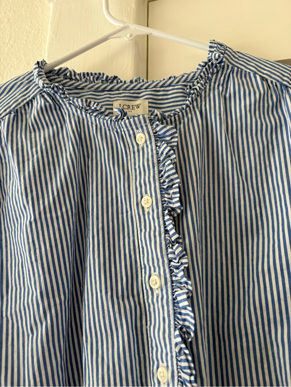 J. Crew Blue and White Striped Ruffle-Trim Blouse - Picture 3 of 5